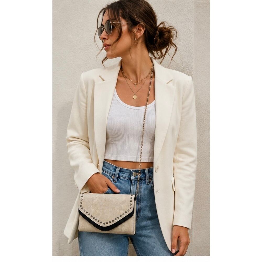Champagne Snake Embossed Studded Envelope Crossbody Clutch Bag Gold Chain